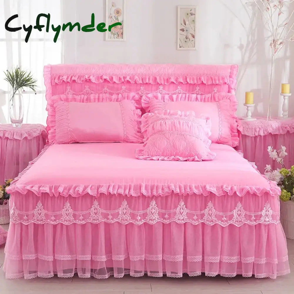 Cyflymder Princess 1 Piece Lace Bed Skirt + 2 Piece Pillowcases Bedding Bedspreads Sheet Pink Lace Bedding Set Bed For