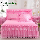 Cyflymder Princess 1 Piece Lace Bed Skirt + 2 Piece Pillowcases Bedding Bedspreads Sheet Pink Lace Bedding Set Bed For