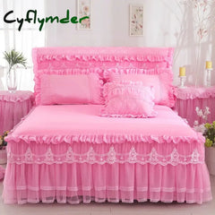 Cyflymder Princess 1 Piece Lace Bed Skirt + 2 Piece Pillowcases Bedding Bedspreads Sheet Pink Lace Bedding Set Bed For