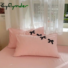 Cyflymder Princess Bowknot Bedding Set Pink Duvet Cover Bed Flat Sheet Girls Solid Color Bed Linens Washed Cotton