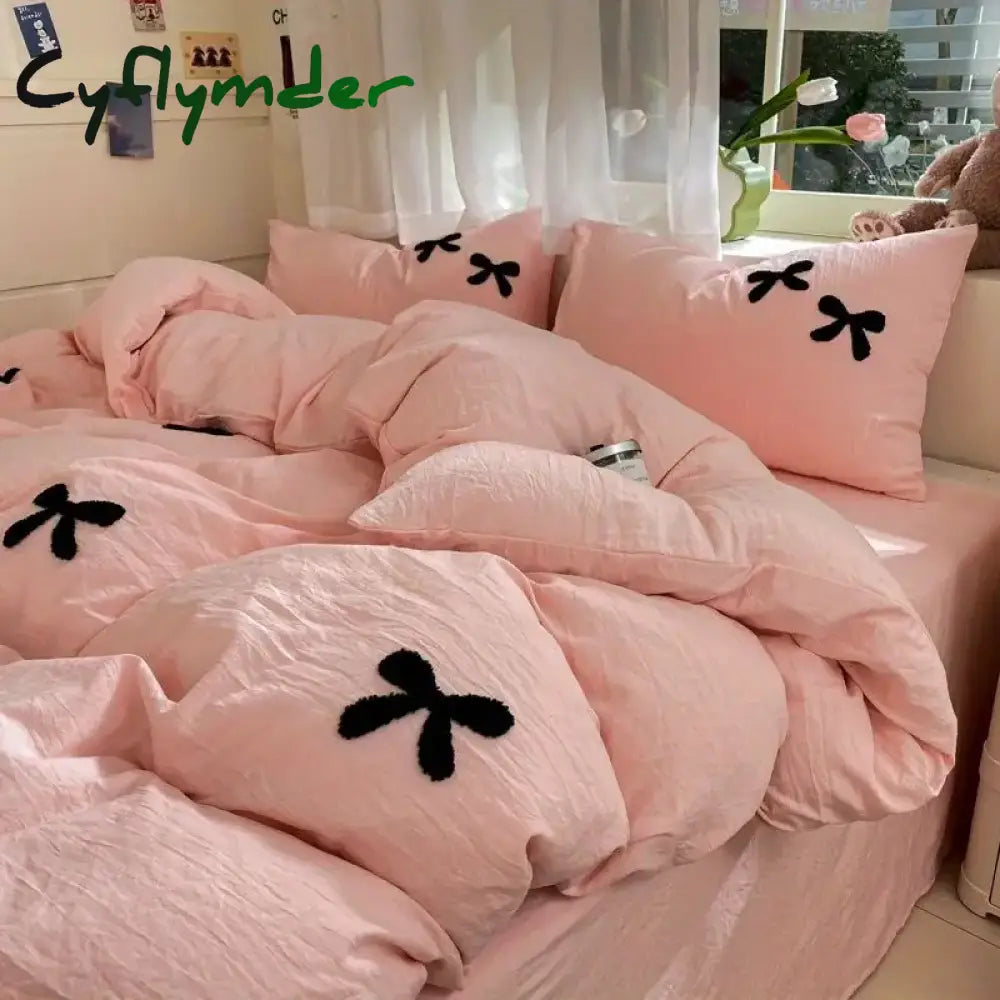 Cyflymder Princess Bowknot Bedding Set Pink Duvet Cover Bed Flat Sheet Girls Solid Color Bed Linens Washed Cotton