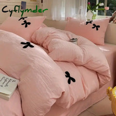 Cyflymder Princess Bowknot Bedding Set Pink Duvet Cover Bed Flat Sheet Girls Solid Color Bed Linens Washed Cotton
