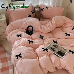 Cyflymder Princess Bowknot Bedding Set Pink Duvet Cover Bed Flat Sheet Girls Solid Color Bed Linens Washed Cotton