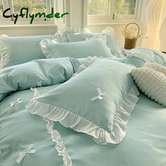 Cyflymder Princess Style Duvet Cover Set with Flat Sheet Pillowcases Korean Green Pink Girls Gift Spring Single Queen