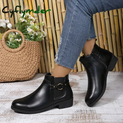 Cyflymder Pu Leather Classics Black Thick Heel Ankle Boots Metal Zipper Low Platform Woman Shoes Winter Round Toe Slip