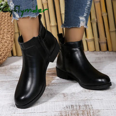 Cyflymder Pu Leather Classics Black Thick Heel Ankle Boots Metal Zipper Low Platform Woman Shoes Winter Round Toe Slip
