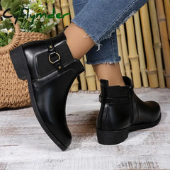 Cyflymder Pu Leather Classics Black Thick Heel Ankle Boots Metal Zipper Low Platform Woman Shoes Winter Round Toe Slip