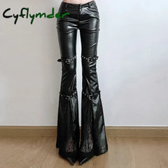 Cyflymder PU Leather Flare Pant Goth Buckle Lace Patchwork Pants Women Fashion Y2K Streetwear Vintage Aesthetics Casual