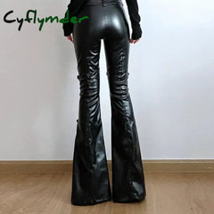 Cyflymder PU Leather Flare Pant Goth Buckle Lace Patchwork Pants Women Fashion Y2K Streetwear Vintage Aesthetics Casual
