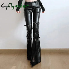 Cyflymder PU Leather Flare Pant Goth Buckle Lace Patchwork Pants Women Fashion Y2K Streetwear Vintage Aesthetics Casual