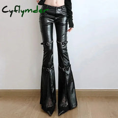 Cyflymder PU Leather Flare Pant Goth Buckle Lace Patchwork Pants Women Fashion Y2K Streetwear Vintage Aesthetics Casual