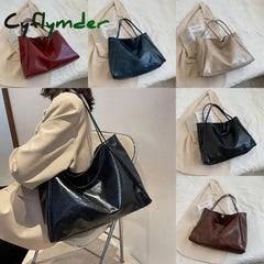 Cyflymder PU Tote Bag Trendy Large Capacity All-match Shoppoing Bag Commuting Bag Daily Life BLACK