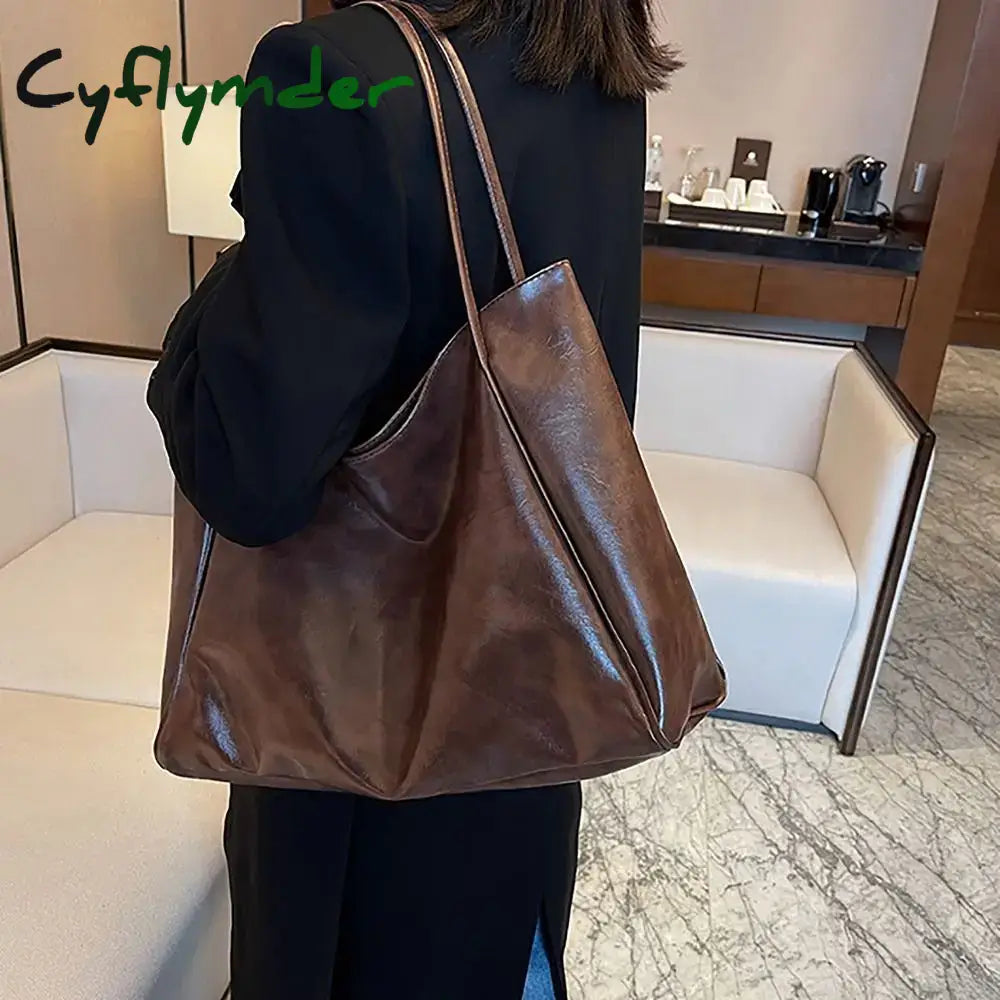 Cyflymder PU Tote Bag Trendy Large Capacity All-match Shoppoing Bag Commuting Bag Daily Life BLACK
