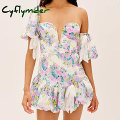 Cyflymder Puff Short Sleeve Boho Mini Dresses For Women Summer Fashion V-Neck Print Wedding Evening