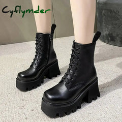 Cyflymder Punk Goth Ankle Boots Women Black Chunky Wedge Platform Shoes Woman Lace Autumn Patent Leather Footwear Lady