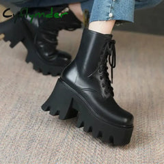 Cyflymder Punk Goth Ankle Boots Women Black Chunky Wedge Platform Shoes Woman Lace Autumn Patent Leather Footwear Lady