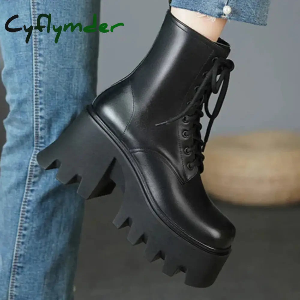 Cyflymder Punk Goth Ankle Boots Women Black Chunky Wedge Platform Shoes Woman Lace Autumn Patent Leather Footwear Lady