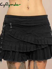 Cyflymder Punk Gothic Black Eyelet Ribbon Denim Skirt Women Low Waist Asymmetrical Tiered Pleated Short Jean Skirts Y2K