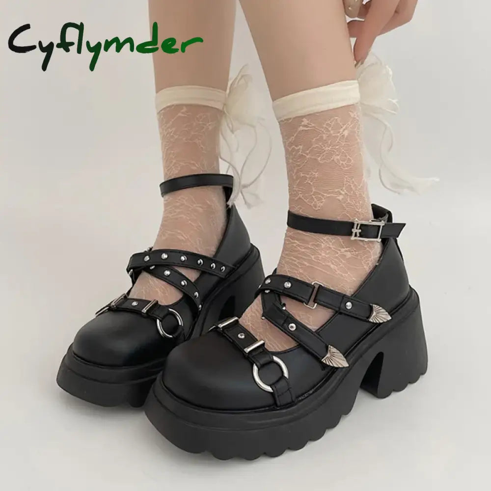 Cyflymder Punk Gothic Chunky Platform Pumps for Women Ankle Strap Thick Heeled Mary Jane Shoes Woman Y2K Metal Rivets