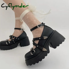 Cyflymder Punk Gothic Chunky Platform Pumps for Women Ankle Strap Thick Heeled Mary Jane Shoes Woman Y2K Metal Rivets