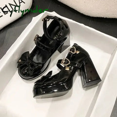 Cyflymder Punk Heart Buckle High Heels Pumps Women Autumn Y2K Black Chunky Platform Lolita Shoes Woman Bowtie Thick