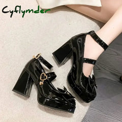 Cyflymder Punk Heart Buckle High Heels Pumps Women Autumn Y2K Black Chunky Platform Lolita Shoes Woman Bowtie Thick