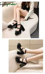 Cyflymder Punk Heart Buckle High Heels Pumps Women Autumn Y2K Black Chunky Platform Lolita Shoes Woman Bowtie Thick