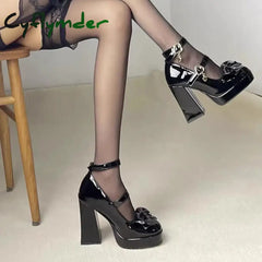 Cyflymder Punk Heart Buckle High Heels Pumps Women Spring Y2K Black Chunky Platform Lolita Shoes Woman Bowtie Thick