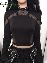 Cyflymder summer inspo Punk Style Metal Eyelet Black Long Sleve T Shirt Women Dark Academia Mesh Patchwork Chic Tee