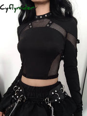 Cyflymder summer inspo Punk Style Metal Eyelet Black Long Sleve T Shirt Women Dark Academia Mesh Patchwork Chic Tee