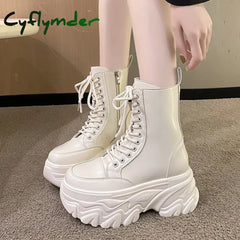 Cyflymder Punk Super High Platform Boots Women Chunky Heels Lace Up Motorcycle Woman Black White