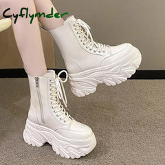 Cyflymder Punk Super High Platform Boots Women Chunky Heels Lace Up Motorcycle Woman Black White