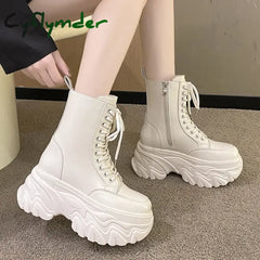 Punk Super High Platform Boots Women Chunky Heels Lace Up Motorcycle Boots Woman Black White Thick Bottom Ankle Booties Female