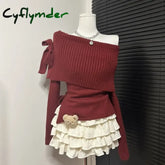 Cyflymder Pure Sexy Women Skirt Set Winter Korean Fashion Slash Neck Off-the-Shoulder Bow Sweater A-line Cake Skirts