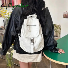 Cyflymder Pure White Womens Backpack Vintage Leather Soft Washed American Style College Large