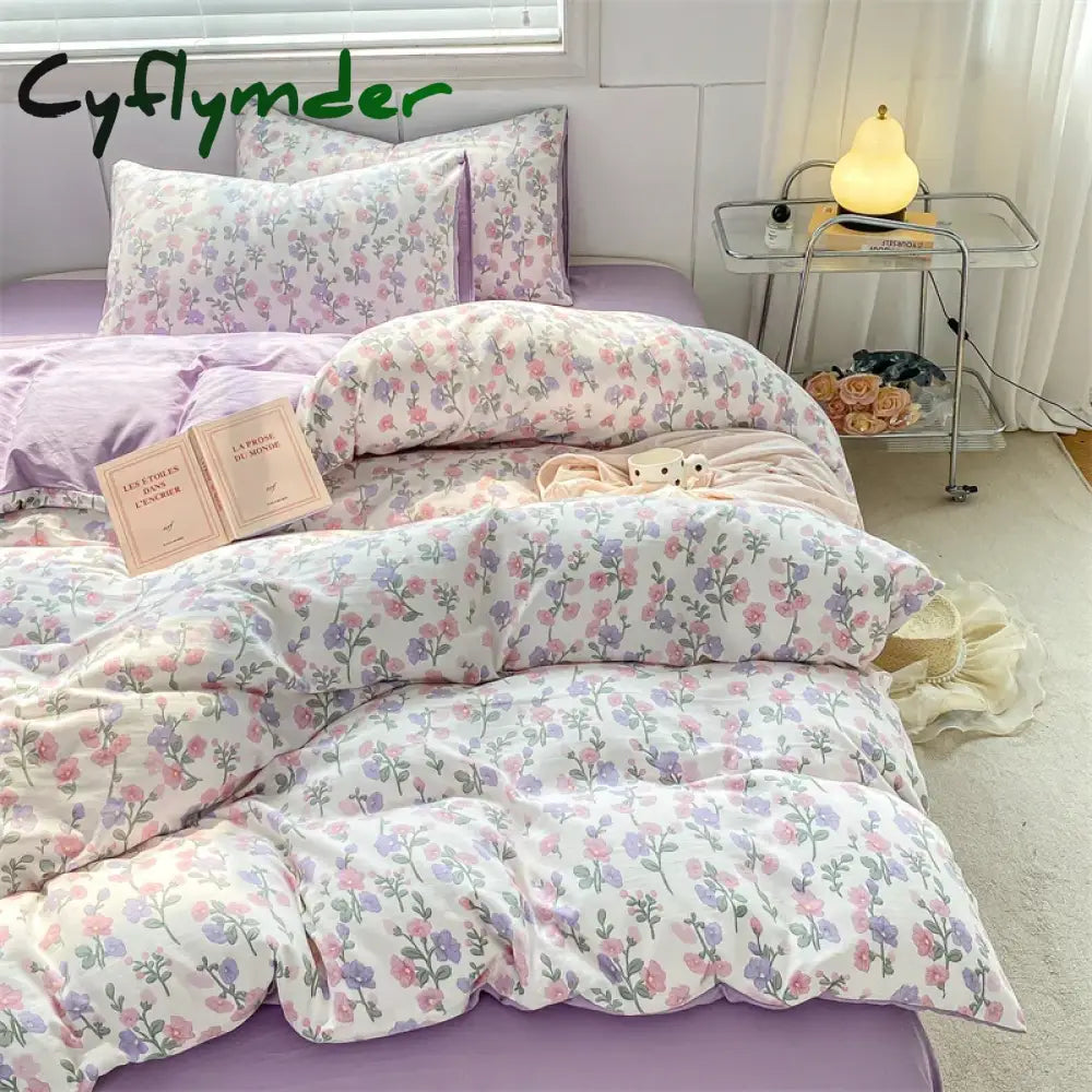 Purple Flowers Bedding Sets Romantic Floral Duvet Covers Bed Flat Sheet Pillowcases Washed Cotton Quilt Cover Girls Bed Linen