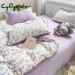 Cyflymder Purple Flowers Bedding Sets Romantic Floral Duvet Covers Bed Flat Sheet Pillowcases Washed Cotton Quilt Cover