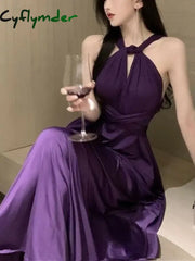 Purple Sexy Party Sleeveless Dress Women Chiffon France Vintage Long Dress Female Beach Elegant Chic Backless Dress Summer