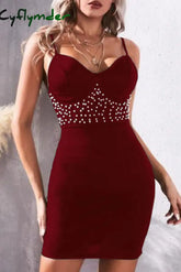 Cyflymder - Purplish Red Sexy Solid Backless Beading Spaghetti Strap Sleeveless Dress Dresses / S