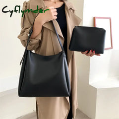 Cyflymder Quality Women Tote Bags 2 Pcs/Set Large Capacity Shopper Shoulder Bag Pure Color Wide