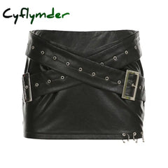 Cyflymder rave inspo outfits Darkly Punk Metal Style Black Mini Skirts Women Sexy Slim Fit Cross Waistband Baddie