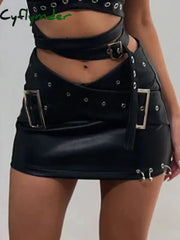 Cyflymder rave inspo outfits Darkly Punk Metal Style Black Mini Skirts Women Sexy Slim Fit Cross Waistband Baddie