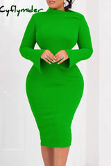 Cyflymder - Red Casual Solid Basic Oblique Collar Long Sleeve Dresses