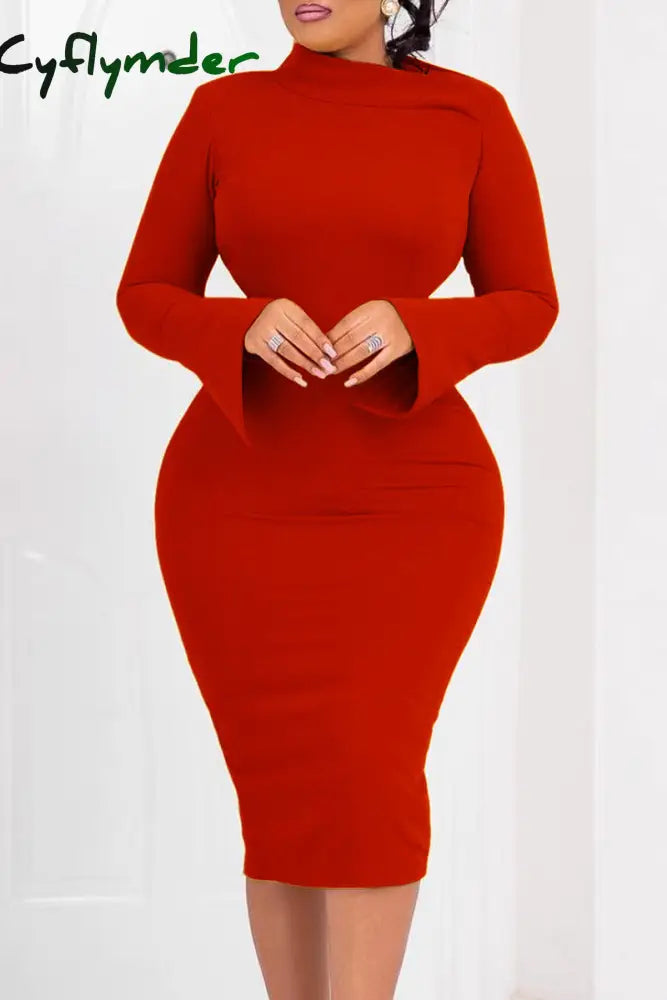 Cyflymder - Red Casual Solid Basic Oblique Collar Long Sleeve Dresses