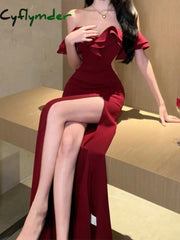 Cyflymder red christmas dress Sexy Bodycon Long Dresses for Women Wedding Evening Party Prom Robe Ruffles Slash Neck
