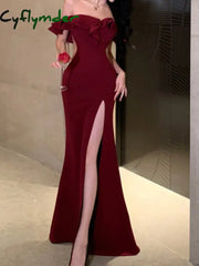 Cyflymder red christmas dress Sexy Bodycon Long Dresses for Women Wedding Evening Party Prom Robe Ruffles Slash Neck