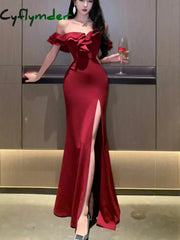 Cyflymder red christmas dress Sexy Bodycon Long Dresses for Women Wedding Evening Party Prom Robe Ruffles Slash Neck