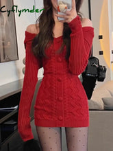 Cyflymder red christmas dress Winter Vintage Knitted One Piece Dress Women Off Shoulder Elegant Mini Dress Female