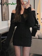 Cyflymder red christmas dress Winter Vintage Knitted One Piece Dress Women Off Shoulder Elegant Mini Dress Female