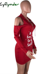 Cyflymder - Red Fashion Casual Letter Print Hollowed Out Hooded Collar Long Sleeve Dresses
